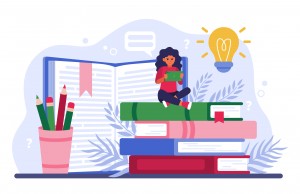 Student studying online. Girl sitting on stack of books and using tablet computer. Vector illustration for distance education, online course, studying on internet, knowledge concept.